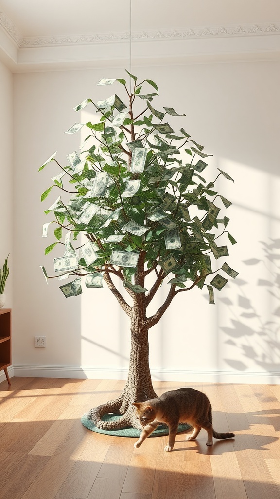 A Money Tree with dollar bill leaves and a cat nearby in a sunlit room