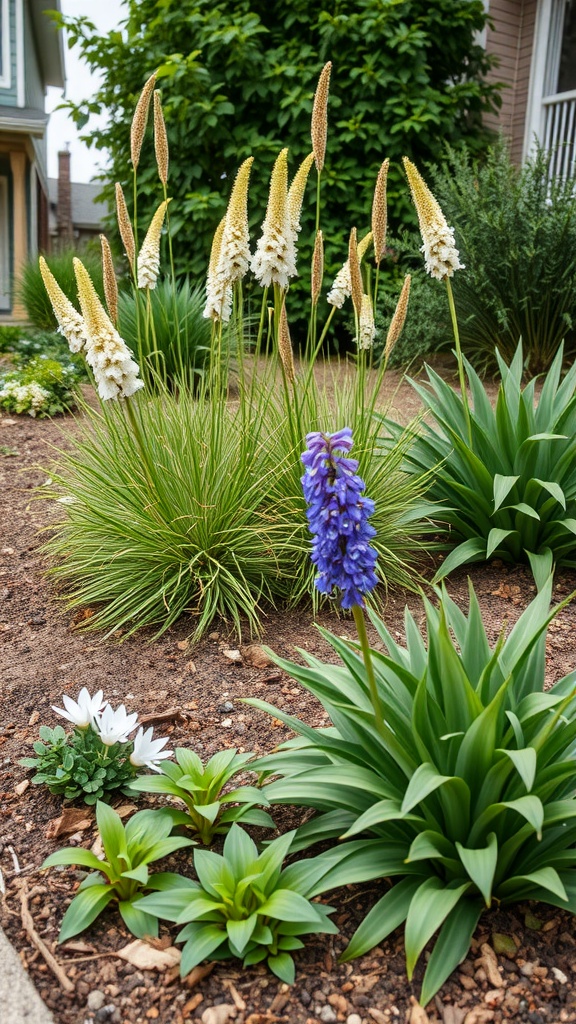 A front yard with a variety of native plants, including tall white and purple flowers and green foliage.