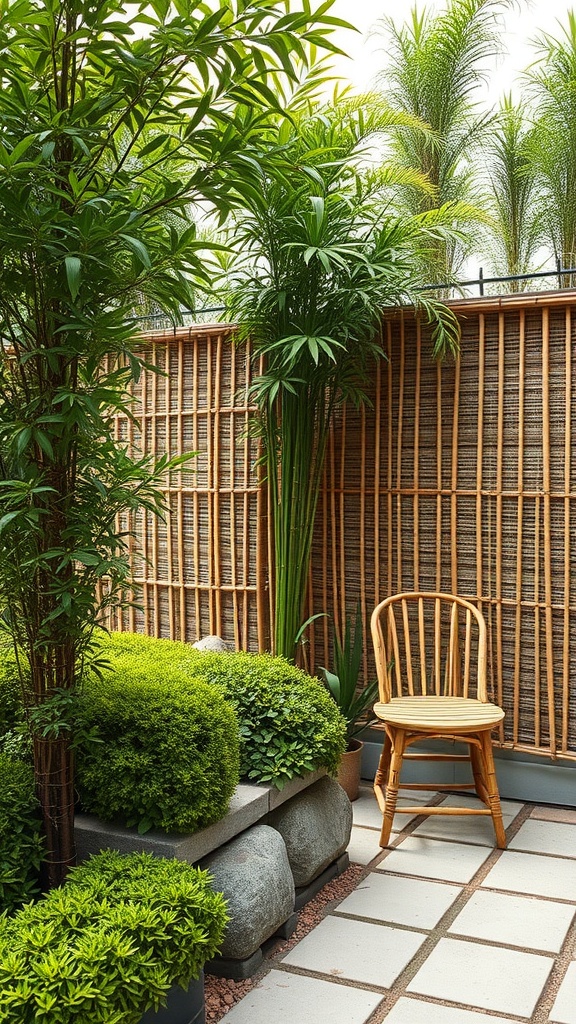 A small garden patio with natural privacy screens made of bamboo and tall plants, featuring a wooden chair and stone elements.