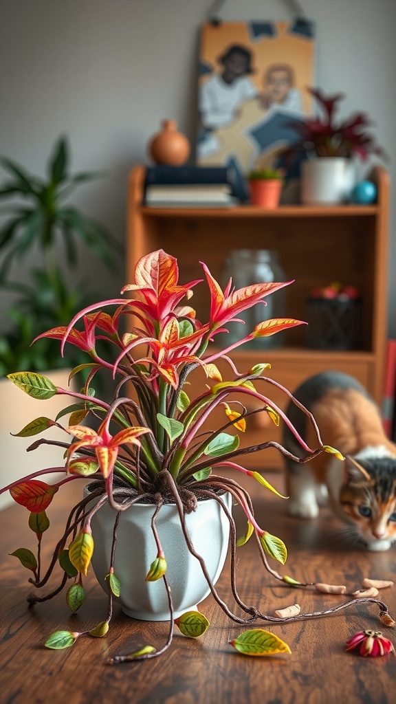 A colorful nerve plant in a pot with a curious cat nearby, showcasing a vibrant, inviting home atmosphere.