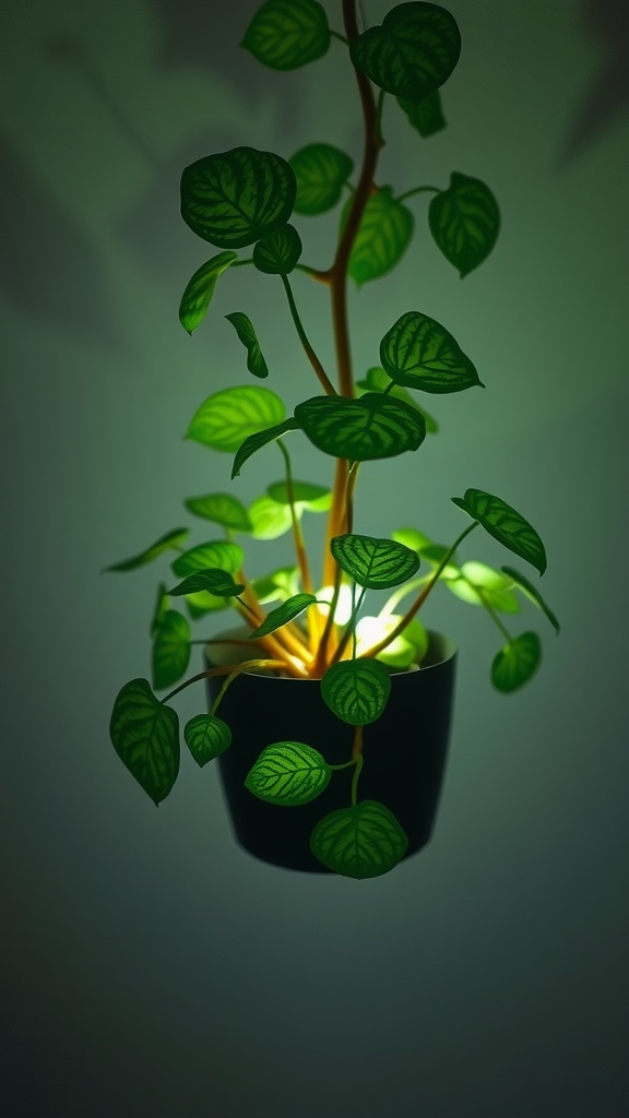 A Nerve Plant with vibrant green leaves and intricate patterns, softly illuminated in a hanging pot.