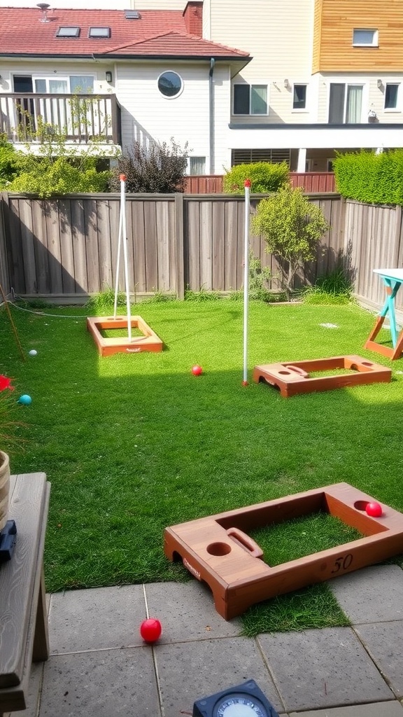 Outdoor games area with cornhole boards and colorful balls on a green lawn