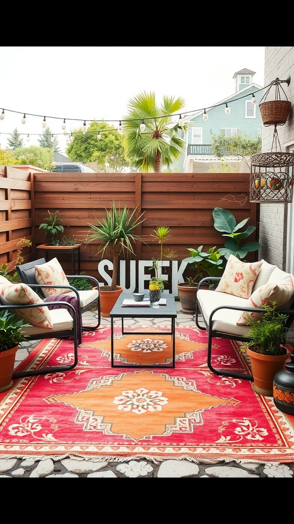 A cozy patio setup featuring a colorful outdoor rug, comfortable chairs, and potted plants.