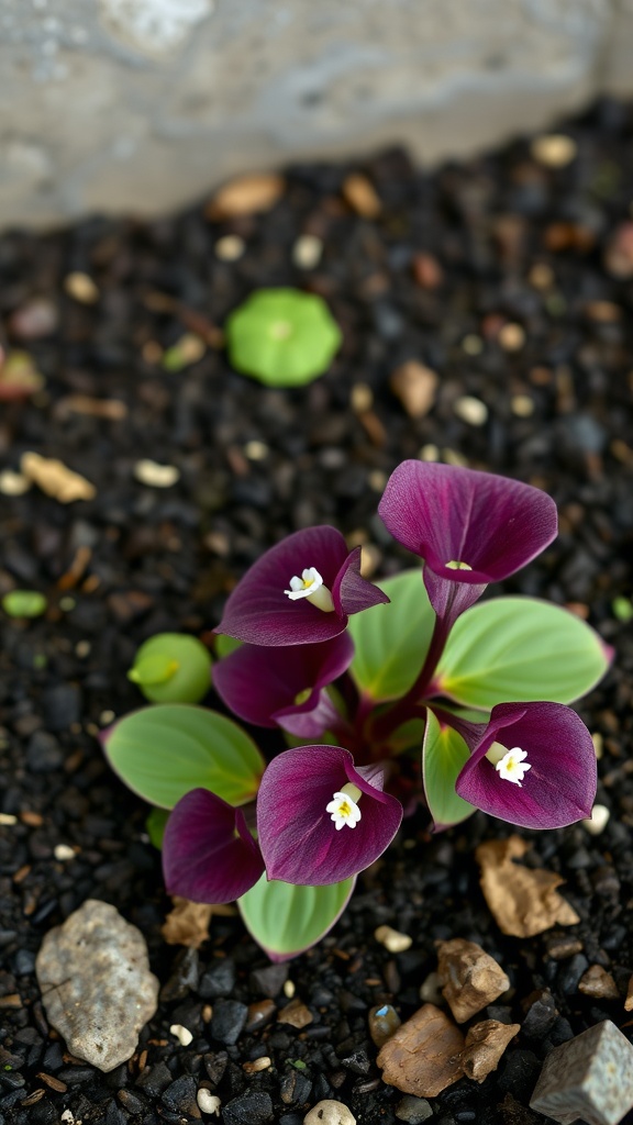 Close-up of Oxalis triangularis with deep purple leaves and white flowers