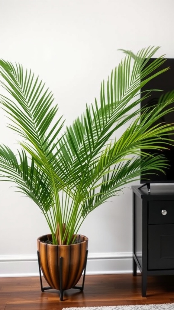 A Parlor Palm in a stylish pot, placed beside a black cabinet.