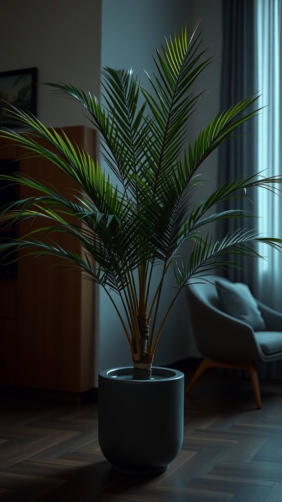 A Parlor Palm in a stylish pot, creating a tropical vibe in a low light indoor setting.