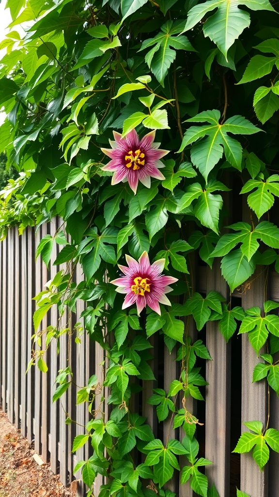 A vibrant passionflower in bloom with green leaves climbing a wooden fence.