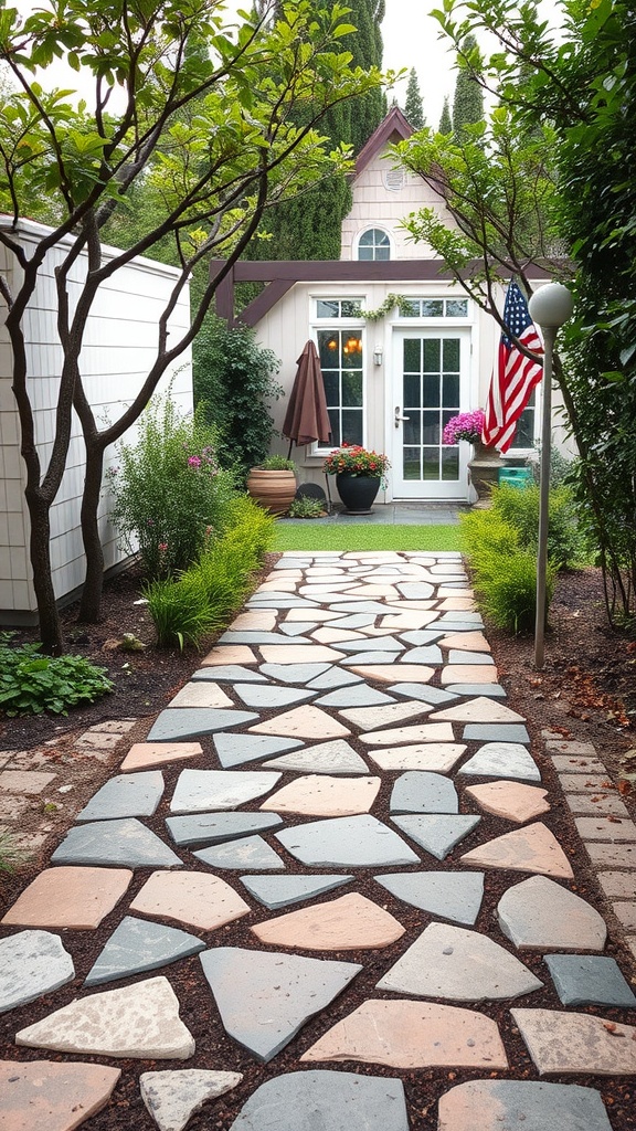 A stone pathway leading to a cozy garden entrance surrounded by plants.