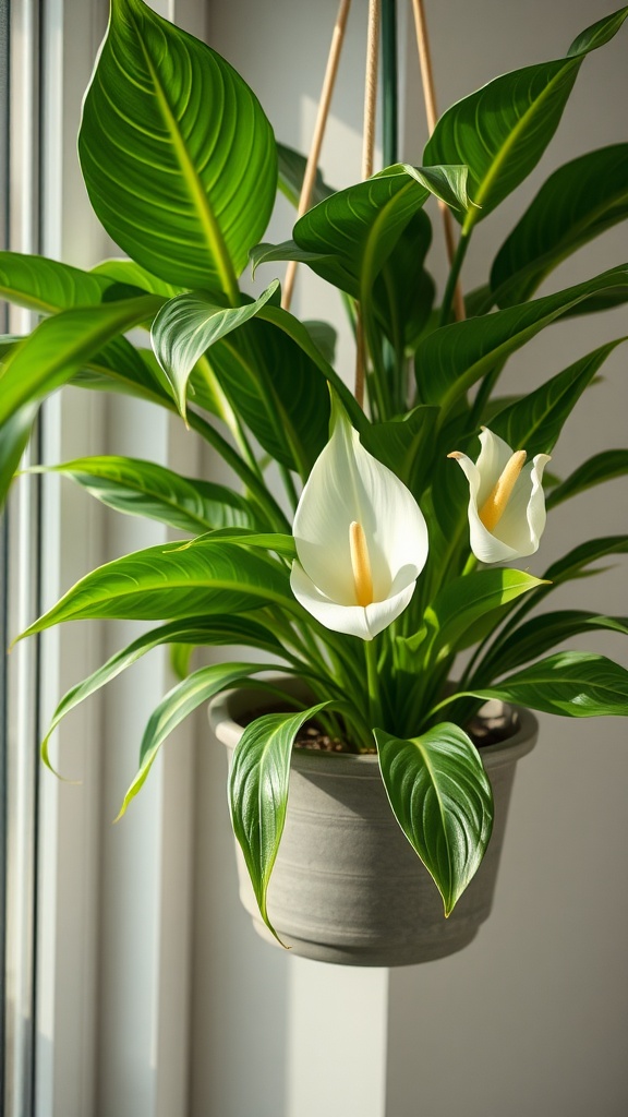 A Peace Lily plant with white blooms hanging by a window, showcasing its green leaves and elegant flowers.
