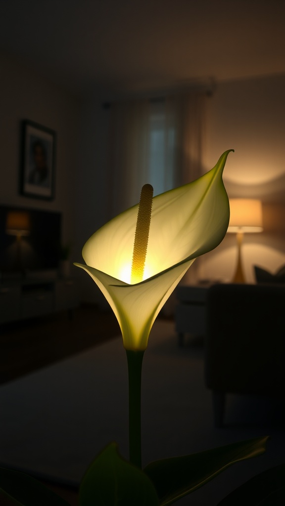 A Peace Lily blooming softly illuminated in a low light setting, showcasing its smooth petals and green leaves.