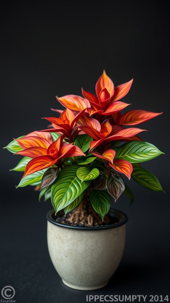 A vibrant Peacock Plant with colorful leaves in a pot