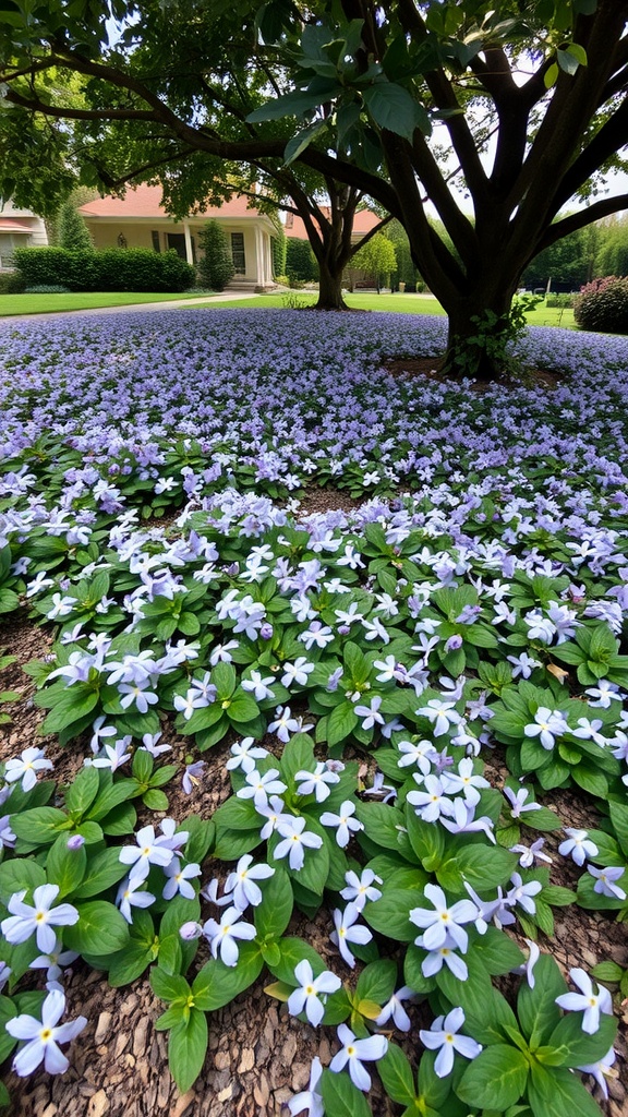 A ground covered with blooming purple periwinkle flowers under trees, creating a shaded floral carpet.