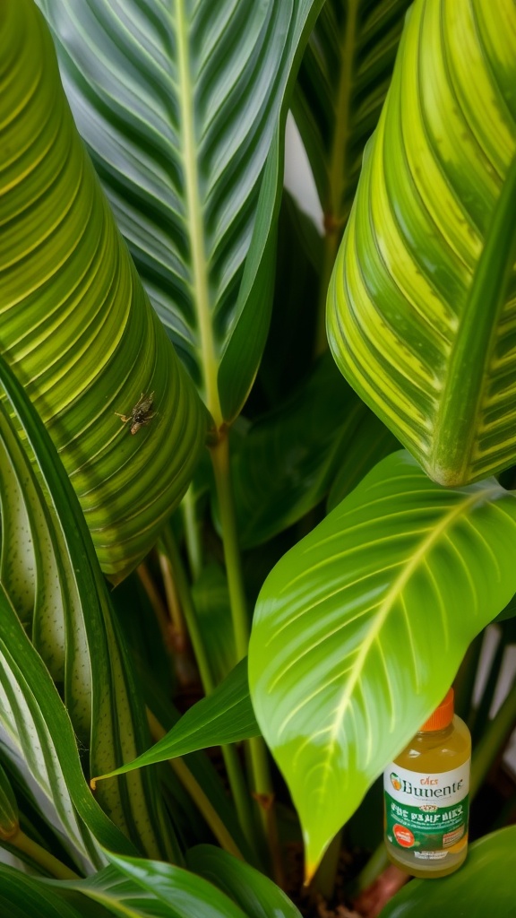 Close-up of tropical plant leaves with a small insect and a bottle of pest control spray