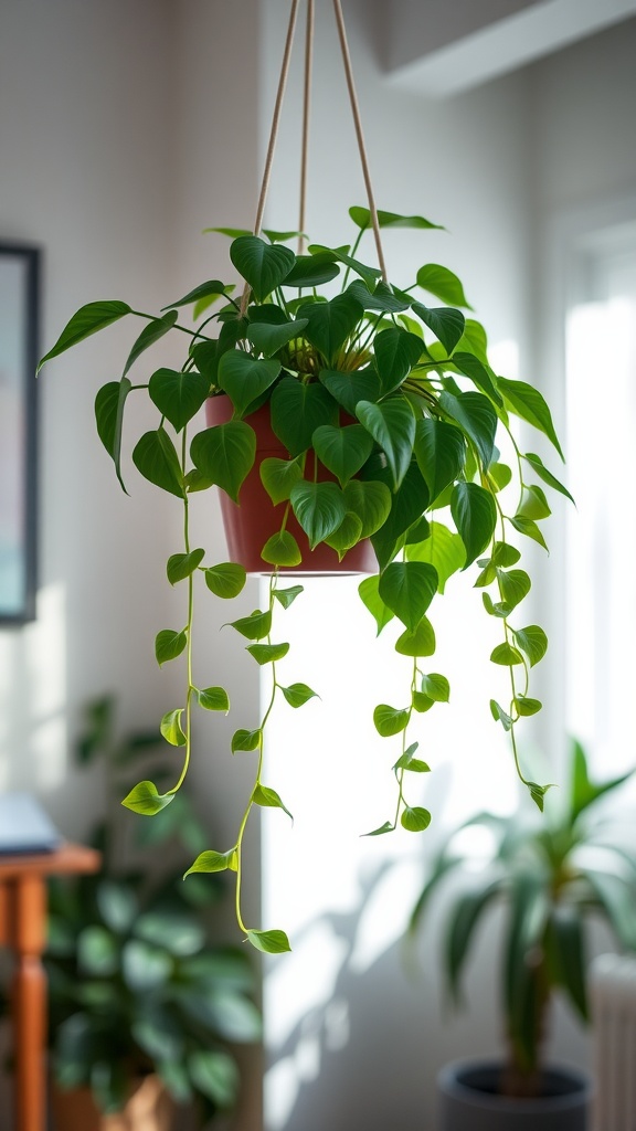 A vibrant philodendron plant with cascading leaves hanging in a pot, set against a well-lit indoor space.