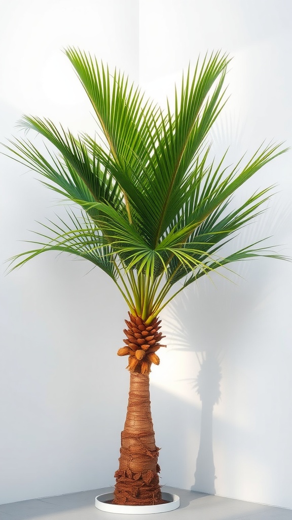 A Ponytail Palm with a slender trunk and lush green leaves, resembling a ponytail.