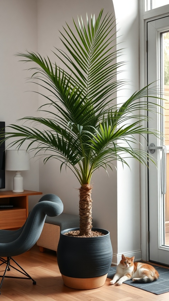A Ponytail Palm in a stylish pot next to a relaxing cat.