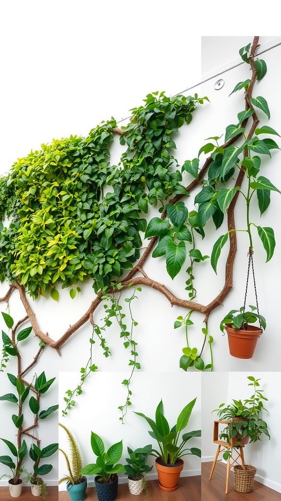 A collection of fast-growing climbing plants on a wall, with various green leaves and a hanging pot.