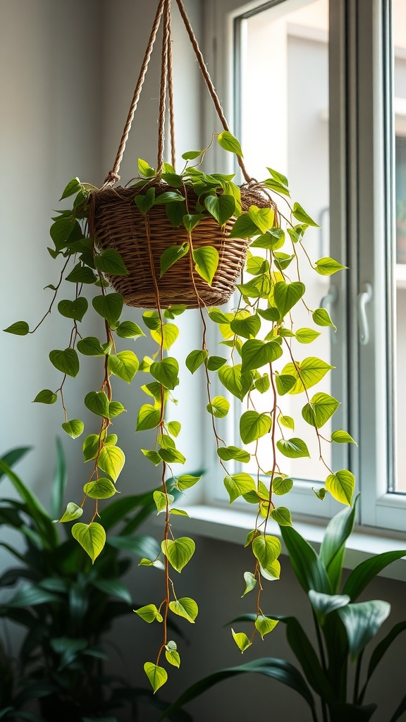 A hanging pothos plant with vibrant green leaves cascading from a woven basket near a window.