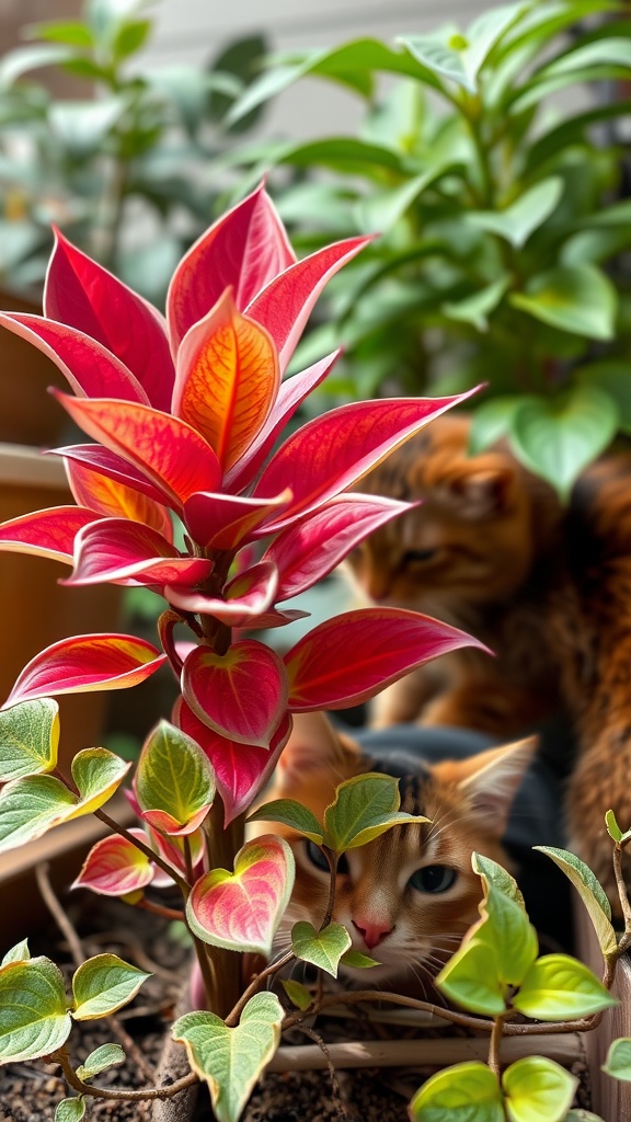 A Prayer Plant with vibrant red and green leaves, surrounded by curious cats.