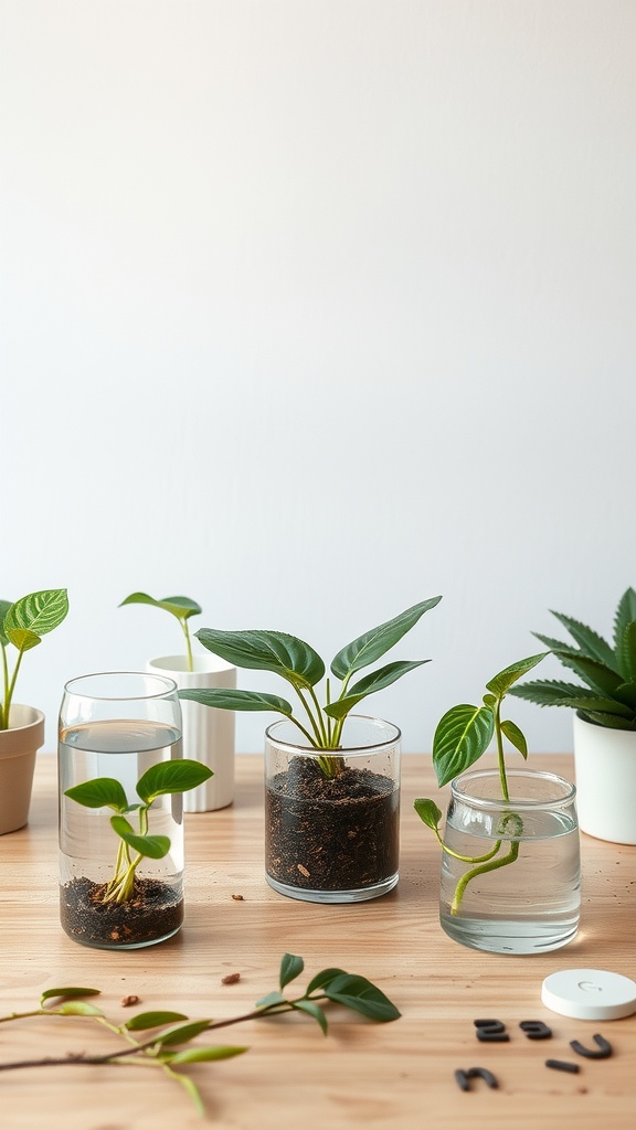 Various methods of propagating indoor tropical plants displayed in glass containers with water and soil.