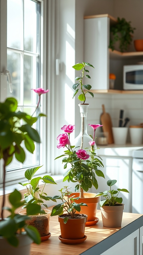 Various pink house plants on a kitchen countertop, showcasing their vibrant colors in a well-lit space.