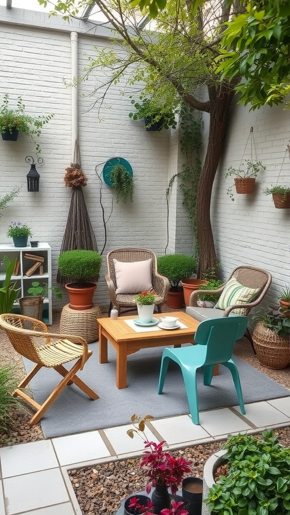 A cozy small garden patio featuring recycled materials furniture with natural elements and potted plants.