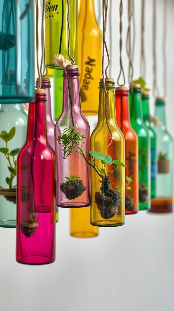 Colorful hanging bottles used as planters with plants inside