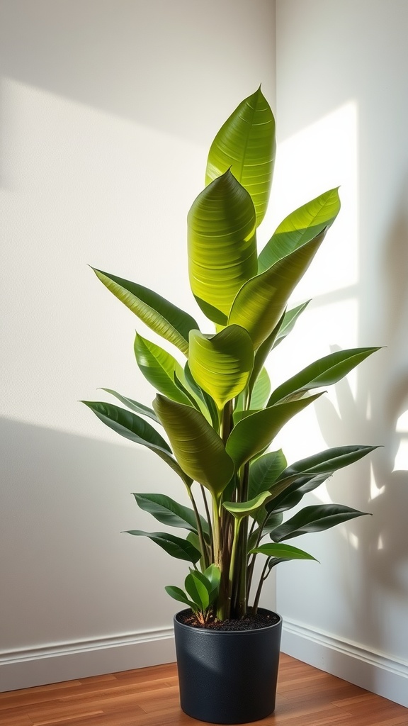 A tall rubber plant with broad, glossy leaves in a black pot, positioned in front of a light-colored wall.