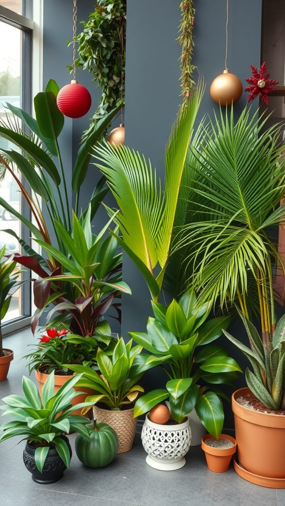 Indoor tropical plants with vibrant green leaves in decorative pots against a dark wall.