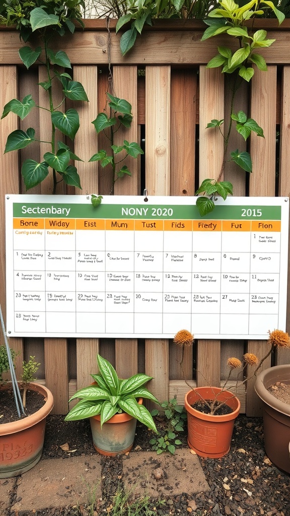 A collection of climbing plants growing against a wooden fence with a calendar visible in the image.