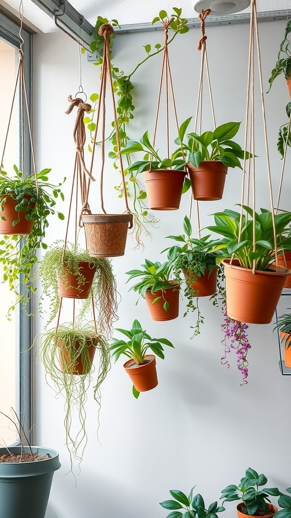 A display of various hanging plants in terracotta pots, arranged near a window, showing seasonal care options.