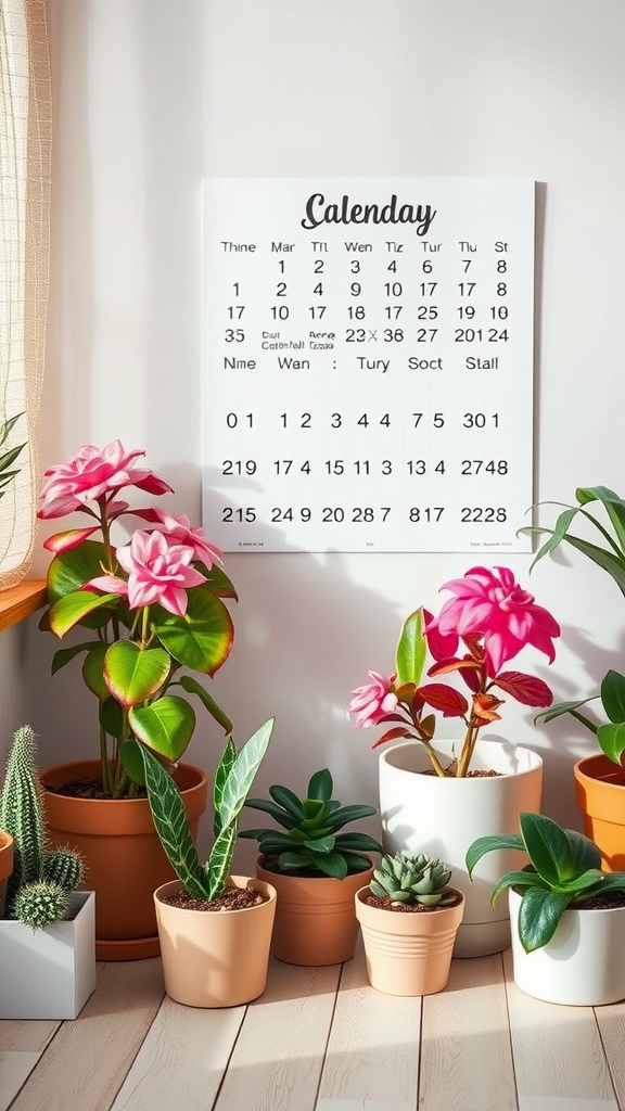 Colorful pink house plants in pots near a calendar and sunlight