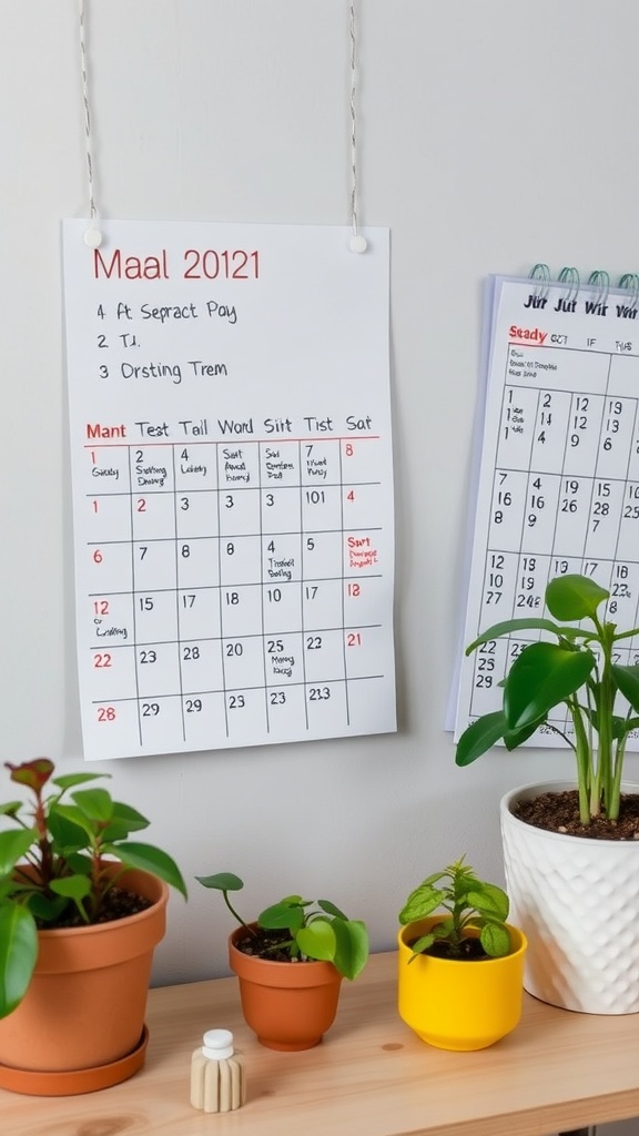 A cozy indoor scene featuring small house plants on a shelf, with a calendar hanging above.