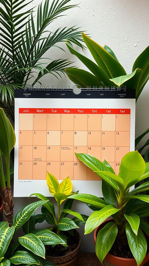 A collection of tropical potted plants with a calendar in the background.
