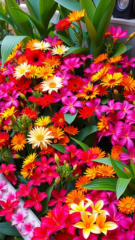 A colorful display of tropical flowers featuring pink, orange, red, and yellow blooms surrounded by green leaves.