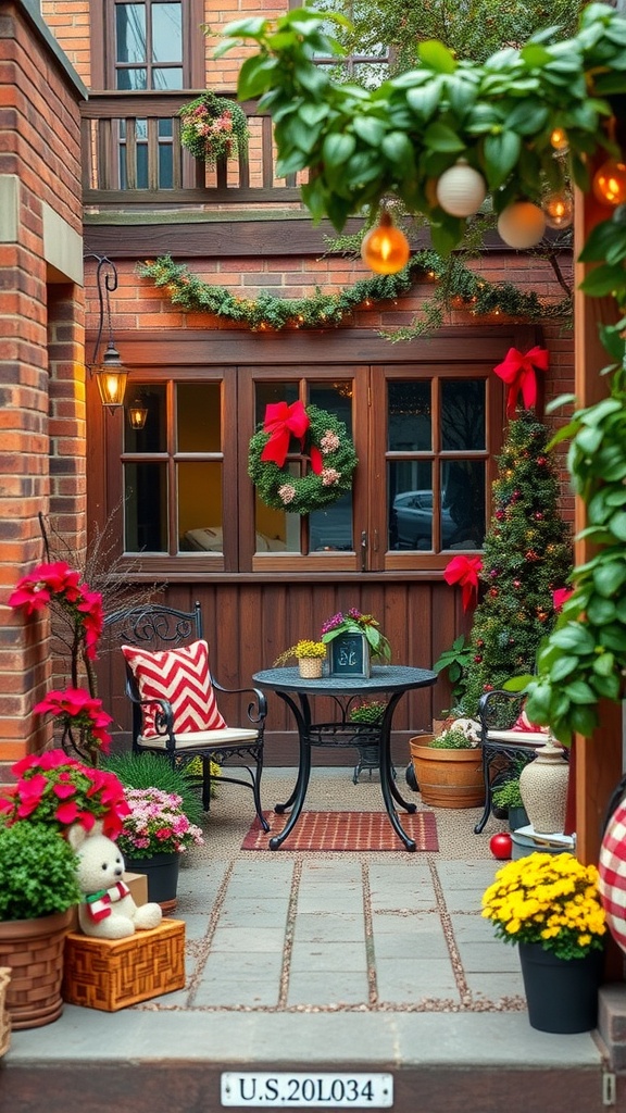 A decorated small garden patio featuring festive decor like wreaths, a Christmas tree, and colorful flowers.