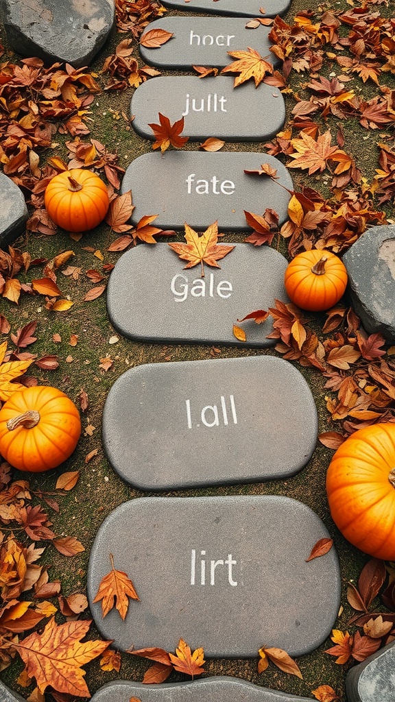 Autumn-themed garden stepping stones surrounded by colorful leaves and pumpkins.