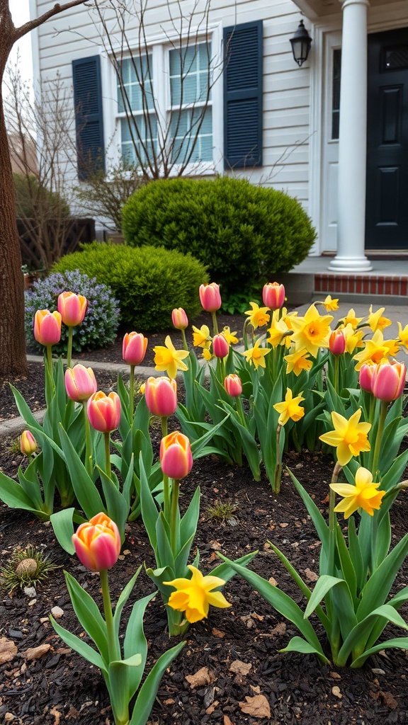 Colorful display of tulips and daffodils in front of a house
