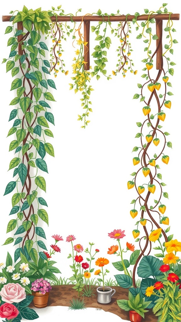 Illustration of climbing plants with various flowers and a wooden trellis.