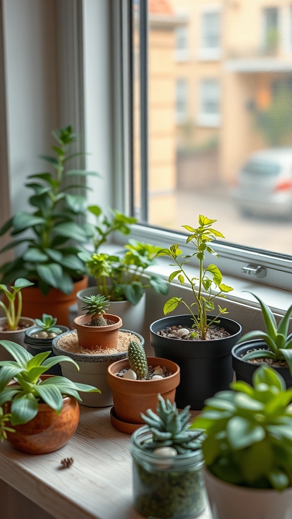 A collection of small house plants on a windowsill, showcasing various types in decorative pots.