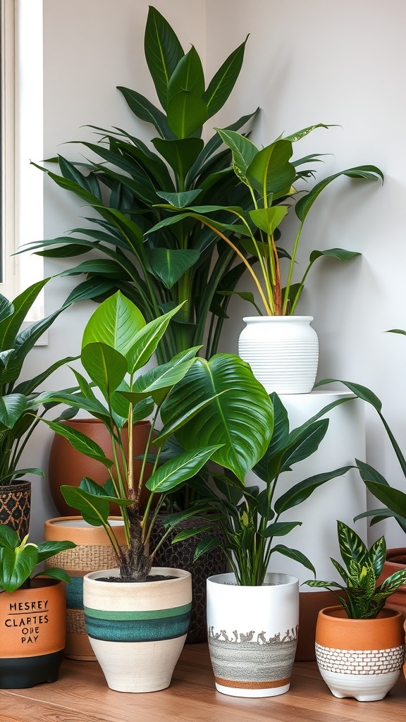 A collection of tropical plants in various decorative pots, showcasing different styles and colors.