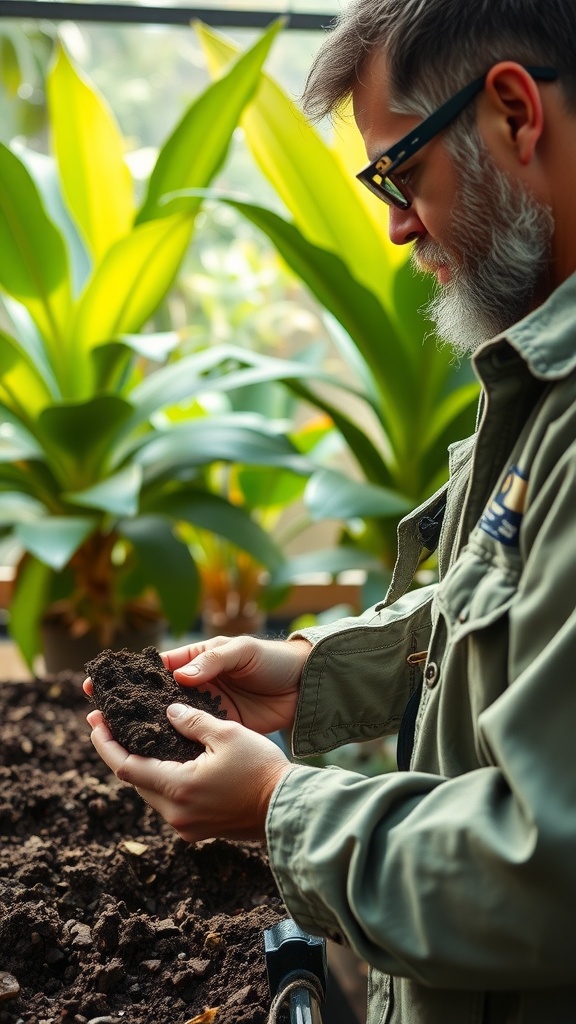 A person examining soil for tropical plants