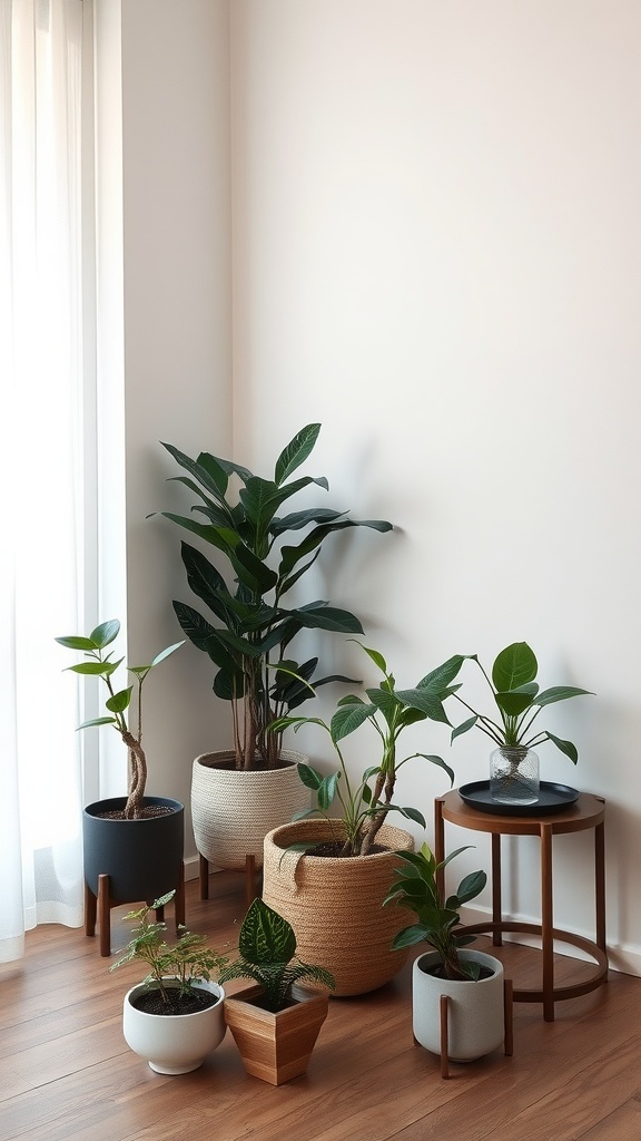 A collection of small house plants arranged in stylish pots near a window.