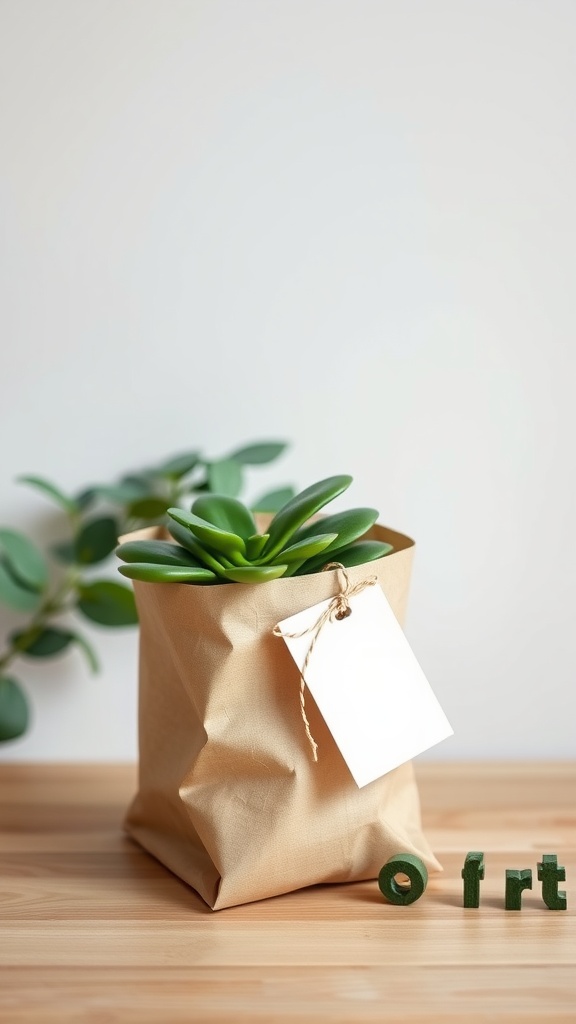 A small succulent in a brown paper bag with a blank tag.