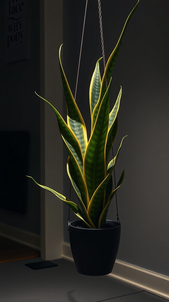 A snake plant hanging indoors, illuminated by soft light, showcasing its vibrant green and yellow leaves.