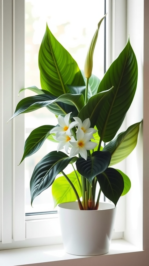 A large Spathiphyllum plant with glossy leaves and white flowers by a window.