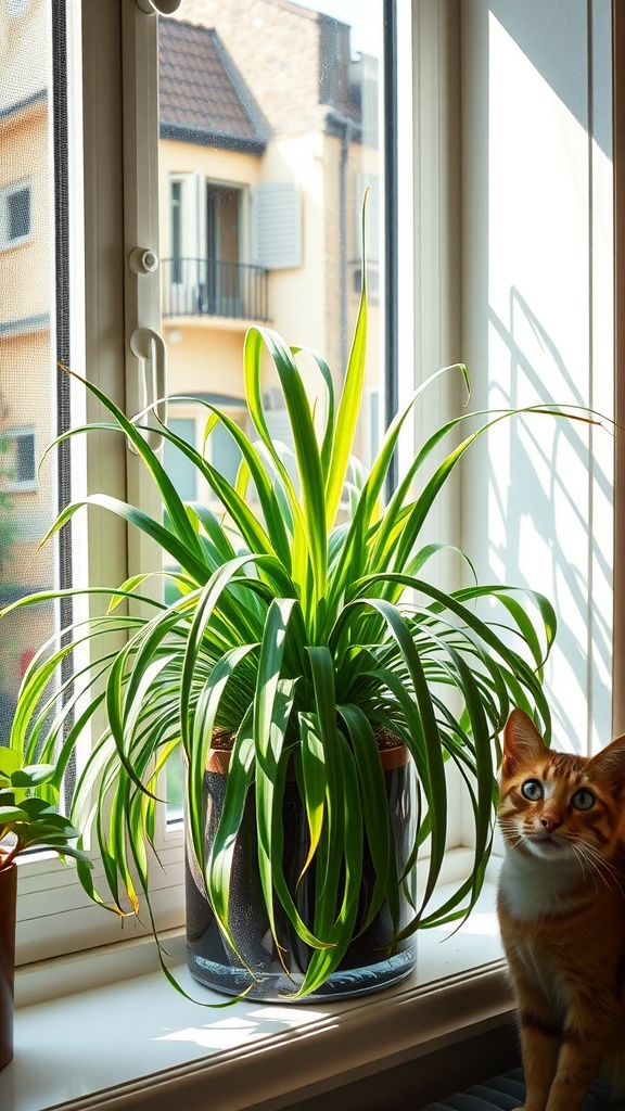 A spider plant on a windowsill with a curious orange cat looking at it.