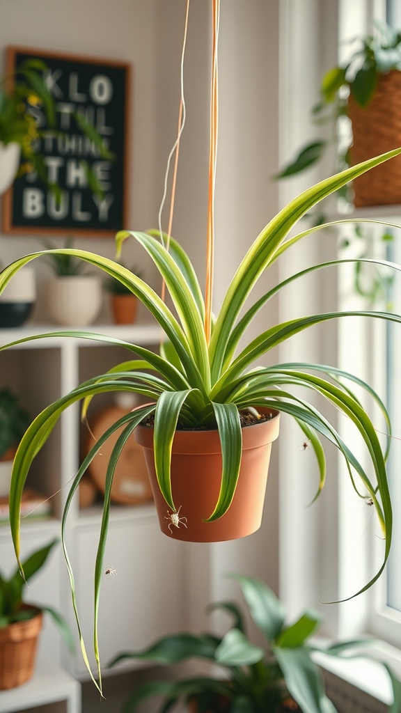 A spider plant hanging in a pot, showcasing its long, arching leaves with green and white stripes.