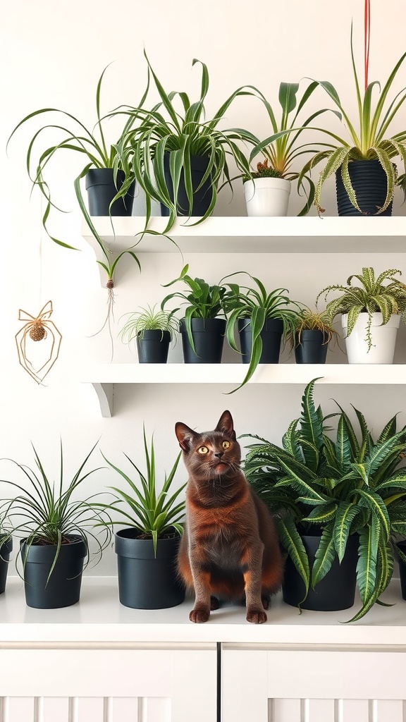 A shelf filled with various spider plants and a brown cat exploring the greenery.
