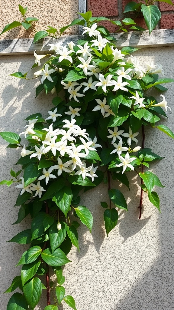 Close-up of Star Jasmine flowers climbing on a wall, showcasing white blossoms and green leaves.